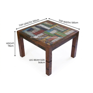 Table à manger DIVADI, modèle carré à pieds fixes, patchwork, bois de bateau recyclé, design durable, écologique, pour intérieur et extérieur - Product Image 2