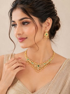 Conjunto de Collar y Pendientes de Aleación Chapada en Oro Ortodoxo Indio, Joyería de Boda para Mujer, Diseño Rani Haar, Patrón Floral, Estilo Clásico - Product Image 5