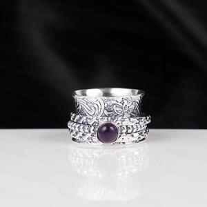 Wholesale Vintage Silver Anxiety Ring Round Purple Amethyst <b>Fidget</b> Boho Textured Wide Band Worry Ring Jewelry Supplier Gift - Product Image 6