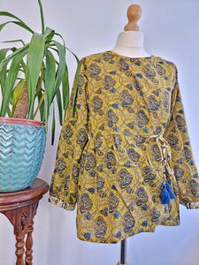 Blusa Bohemia azul mostaza terrosa de algodón puro Top indio Bagru Block verano Elegante ropa de día cómoda - Product Image 6