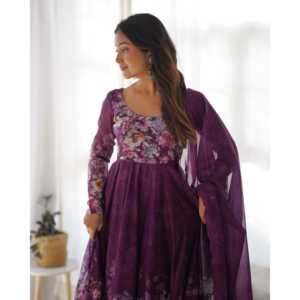PURE DOUX ENSEMBLE COSTUME ORGANZA ANARKALI ENTIÈREMENT COUDU DKB -261 VIN - Product Image 2