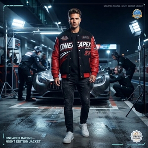 Blouson de course noir et rouge pour homme, style Letterman, brodé, streetwear, vente en gros - Product Image 3