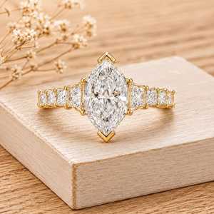 Anillo de compromiso de diamante cultivado en laboratorio con corte marquesa y princesa holandeses, oro macizo de 10K, 14K, 18K, anillo trapezoidal y pavé princesa, color E - Product Image 2