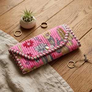 Handmade <b>Quilted</b> Jewelry Roll Indian Letter Print Cotton Travel Organizer Floral Clutch <b>Bag</b> with Zipper Closure for Brides - Product Image 6
