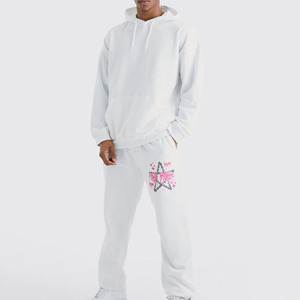 Autumn Wear 100% Cotton Casual Joggers With Front Print Men's <b>White</b> Hooded <b>Tracksuit</b> Set With Star Logo Full Sleeve Regular Fit - Product Image 1
