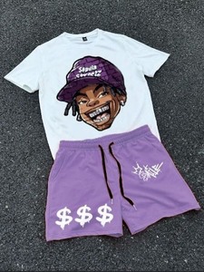 Conjunto de Camiseta y Pantalones Cortos Urbanos Personalizados con Estampado Gráfico, Corte Holgado, Mezcla de Algodón Premium, Conjunto Combinado con Estampado Personalizado - Product Image 3