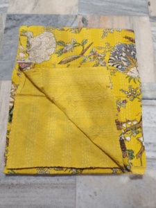 Handmade Kantha Quilt Reversible Cotton Blanket yellow fabric print color and Multi Color <b>Bedspread</b> Home Decor Gift for Her - Product Image 3