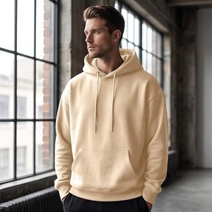 Sudadera con Capucha Beige para Hombre, Corte Regular, Color Sólido, Tejida, con Bolsillos, Estilo Casual, para Otoño - Product Image 2