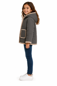 Veste d'hiver matelassée à capuche pour filles Livster, en sherpa gris de qualité supérieure, rembourrée, à manches longues, manteau d'hiver pour enfants, doublure en polaire douce - Product Image 2