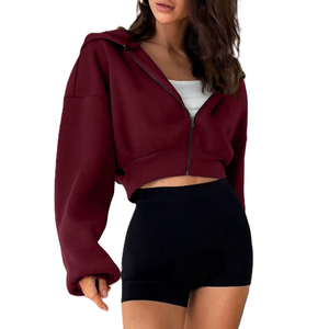 Women’s Decorative Rhinestone Cropped Hoodies Low MOQ Fashion USA Custom Hooded Zipper Knitted Polyester <b>Sparkly</b> Hotfix <b>Jacket</b> - Product Image 2