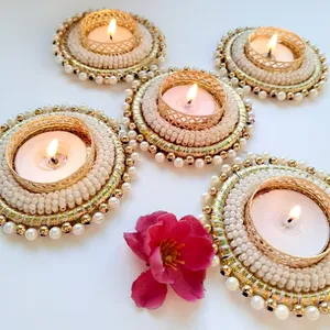 Handmade Round <b>Tea</b> <b>Light</b> Holder with Pearl and Gold Bead Embellishments Wall Mounted for Christmas and Easter Home Decoration - Product Image 1