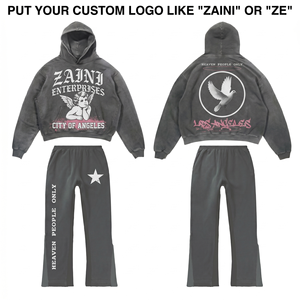 ZAINI Men Streetwear Winter Tracksuit 400 GSM 100% Cotton Fleece Washed <b>Charcoal</b> Black Hoodie Sweatpants Set Custom Puff Print - Product Image 1