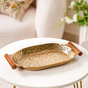 Premium Quality Gold Finished Oval Metal <b>Tray</b> With Wooden Handles For <b>Snacks</b> Or Drinks Serving And Tabletop Display From India - Product Image 3