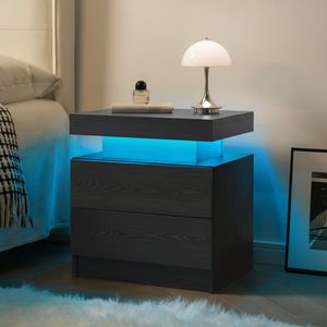 Modern LED <b>Bedside</b> <b>Table</b> Nightstand with 2 Drawers <b>Black</b> Woodgrain for Bedroom - Product Image 4