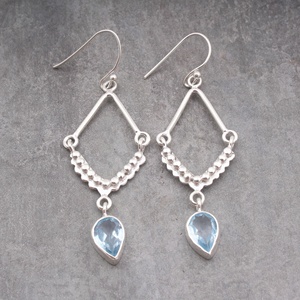 Handmade 925 Sterling <b>Silver</b> Blue Topaz Drop <b>Earrings</b> with Beaded Hoop Design Elegant Teardrop Gemstone <b>Dangle</b> <b>Earrings</b> - Product Image 2