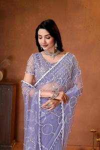 Indian Ethnic Fancy Designer Wedding Saree with Heavy Net Material Embroidery Sequins Work Trendy Women Fit - Product Image 3