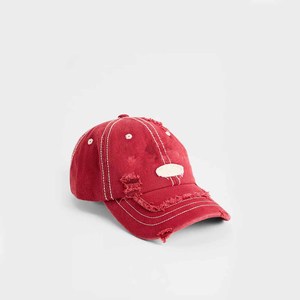 <b>Red</b> Distressed Denim Baseball Cap 6-Panel Adjustable Unisex Vintage Style Casual Hat Spring Summer Adult 58-60CM - Product Image 4