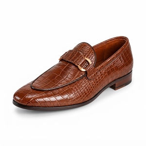 <b>Men</b>’s Brown Crocodile Pattern Loafers with Gold Horsebit Buckle Detail - Product Image 1