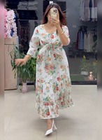 Robe longue de soirée pour femme en georgette de luxe, respirante, séchage rapide, confortable, col en V, coupe trapèze, imprimé floral, taille naturelle
