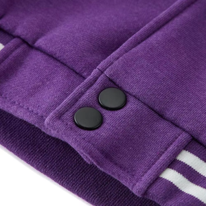 Custom Men's <b>Purple</b> <b>Varsity</b> <b>Jacket</b> Woolen Style White Sleeves Striped Trim Casual Autumn Wear OEM Wholesale Manufacturer - Product Image 6