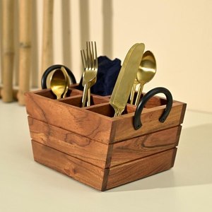Porte-ustensiles en bois, support à couverts, organisateur de cuillères, fourchettes et couteaux, rangement pour comptoir de cuisine, support en bois rustique - Product Image 3