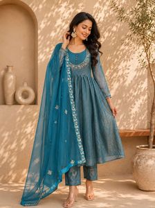 Blue Embroidered Anarkali Suit Silk Blend Kurta <b>Pyjama</b> Set Reversible Wrinkle Free Stretchable Party Wedding Wear - Product Image 1