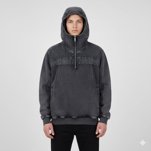 High Street Contrast Color Style Men's Outdoor Ninja Full Face Masked Zip Balaclava Hoodie with Custom Double Hat Design - Product Image 4