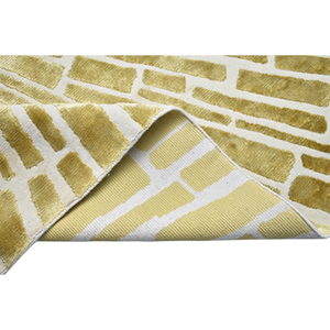 Tapis moderne tufté à la main motif soleil, mosaïque or ochre et blanc, lignes radiales, mélange soie et laine, à poils ras, pour décoration de salon de luxe - Product Image 6
