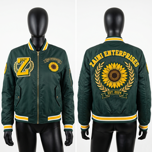 Blouson Bomber Femme Premium en Polyester 220 GSM, Satin Vert Aviateur, avec Broderie Chenille Personnalisée et Patch Appliqué, Style Varsity - Product Image 1