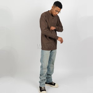 เสื้อยืดแขนยาวผู้ชายทรงโอเวอร์ไซส์ ผ้าคอตตอนหนานุ่ม สไตล์สตรีทแวร์ วินเทจ ลุคซักยีนส์ คอกลม ไม่มีลาย สไตล์ฮิปฮอป - Product Image 2