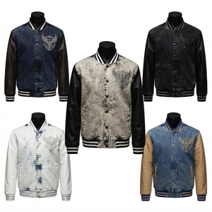 Blouson universitaire vintage abordable pour homme, délavé à l'acide, avec manches en cuir personnalisées, motif oiseau en strass, style bomber Letterman, streetwear - Product Image 6