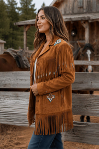 <b>Women</b> Tan Brown genuine Leather Western <b>Jacket</b> with <b>Fringe</b> & Beads - Product Image 3
