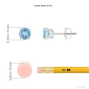 Solitaire Aquamarine Stud <b>Earrings</b> 14kt White Gold Dainty Blue Gemstone Screw <b>Back</b> 4 Prong Basket Fine <b>Earrings</b> Jewelry - Product Image 2
