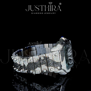 Montre de luxe pour homme en acier inoxydable avec cadran en verre et mouvement japonais, entièrement sertie de diamants Moissanite VVS noirs et blancs, fabriquée sur mesure - Product Image 3