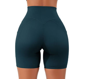 Shorts de sport pour femmes en gros, haute qualité, couleur unie, extensibles dans les quatre sens, pour gym, fitness, yoga, entraînement, avec effet froncé aux fesses, style cycliste, type legging - Product Image 1