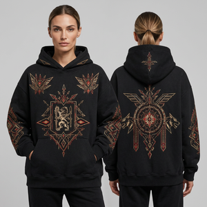 Sweat-shirt à capuche surdimensionné de luxe, imprimé folklorique et brodé |   Coton molletonné épais de qualité supérieure, hiver, unisexe, décontracté - Product Image 1