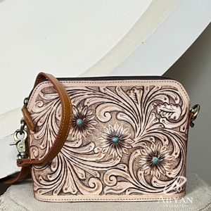 2026 Western Style Hand Tooled Leather Handbag Floral Design With Turquoise Accent Crossbody Bags for Women <b>Shoulder</b> Purse Bags - Product Image 1