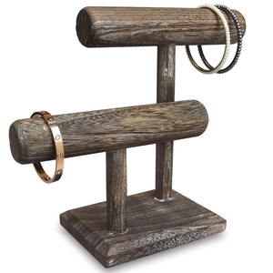 แท่นวางเครื่องประดับไม้พร้อมราวแนวนอนสองอันสำหรับสร้อยข้อมือและสร้อยคอ - Product Image 3