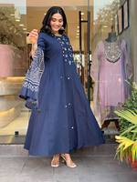 Robe décontractée pour femme, bleu marine, en coton, longueur cheville, coupe classique, brodée, séchage rapide, pour le printemps, l'été et l'automne, Inde