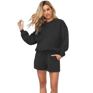 Conjunto de Sudadera con Capucha y Pantalones Cortos de Verano para Mujer, Color Sólido, Casual, por Encima de la Rodilla, Manga Larga, a la Moda - Product Image 5