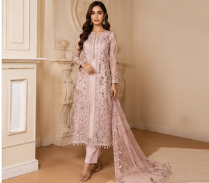 ชุดแต่งงานสีชมพูปักลายลูกไม้ยาวกรอมพื้น แขนยาว แบบ Anarkali ชุดเจ้าสาวปากีสถาน พร้อมผ้าคลุมไหล่สำหรับผู้หญิง - Product Image 3