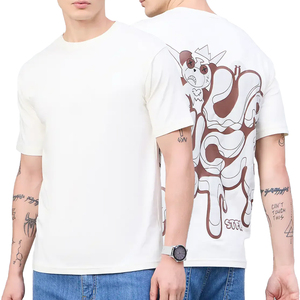 Camiseta de Manga Corta Beige para Hombre con Estampado de Ondas Geométricas, Cuello Redondo, Corte Casual, Estampado Serigrafiado, Largo Regular - Product Image 4