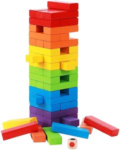 Jeu de construction en blocs de bois colorés, tour à empiler, puzzle arc-en-ciel pour enfants - Product Image 1