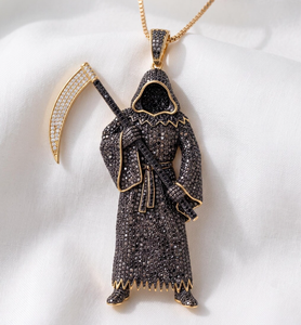 Collier Pendentif Grim Reaper Sertie de Moissanite, Style Glacé, Micro-Incrustation, Bijou Cadeau - Product Image 3