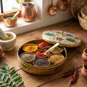 Handmade Iron Masala Dabba Spice <b>Box</b> Decorative <b>Floral</b> Lid Seven Compartment Traditional Kitchen Seasoning Storage Food Grade - Product Image 1