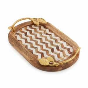 Luxury <b>Oval</b> Mother of Pearl Inlay Wooden Tray Handmade Mango Wood Serving Platter With Gold Brass Leaf Handls <b>Coffee</b> <b>Table</b> Decor - Product Image 1