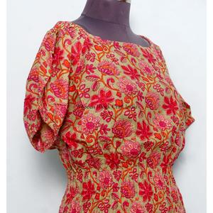 All Seasons <b>Indian</b> Cotton <b>Top</b> Women O-Neck Detailing Puff Sleeve Floral Print Eco-Friendly Breathable Elastic Waistline <b>top</b> - Product Image 5