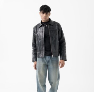 <b>Men's</b> Black Embossed Genuine <b>Leather</b> Quick Dry Wool Lining Moto <b>Jacket</b> Turn-down Collar Zipper Closure Regular Fit Autumn Style - Product Image 2