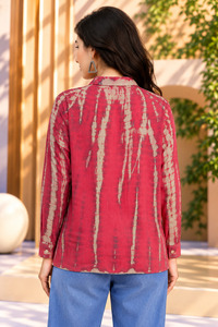 <b>Women's</b> Cotton Tie Dye Long Sleeve Button Down Shirt Casual <b>Red</b> Collared Vintage <b>Blouse</b> Top - Product Image 5