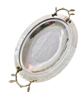 Luxuries Quality Gold & Green Oval Metal Serving <b>Tray</b> With Bamboo Handles <b>Snacks</b> Serving <b>Tray</b> Perfect For Home Hotel Or Weddings - Product Image 5